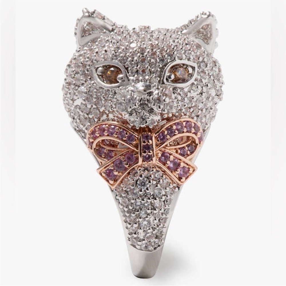 Kate Spade PAWLINA Silver Cat Ring with Pink Bow, BRAND NEW with tag, Size 6